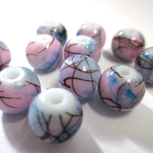 10 perles bleu et rose tréfilé marron en verre peint 8mm