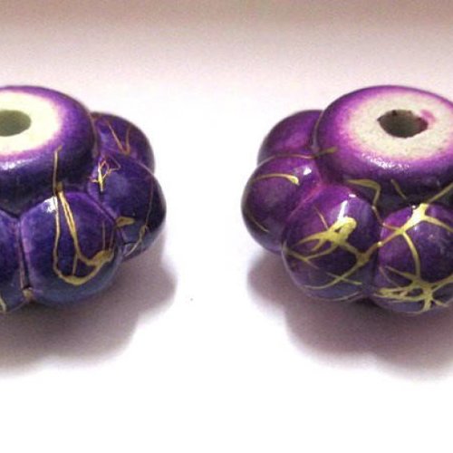 2 perles fleur acrylique violet tréfilé doré  20x12 mm