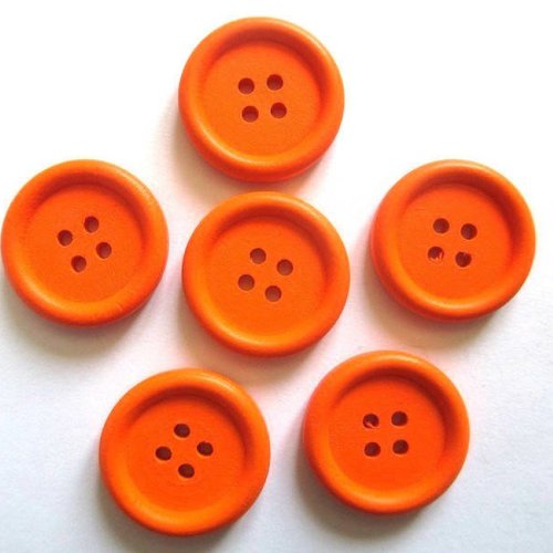 6 boutons en bois 23mm  orange à 4 trous
