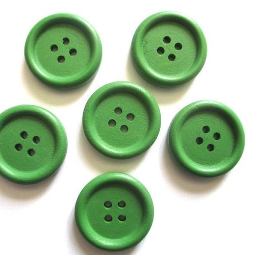6 boutons en bois 23mm  vert à 4 trous
