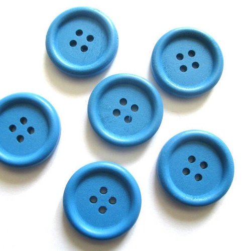 6 boutons en bois 23mm  bleu à 4 trous