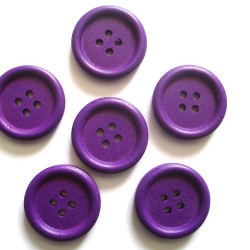 6 boutons en bois 23mm  violet à 4 trous