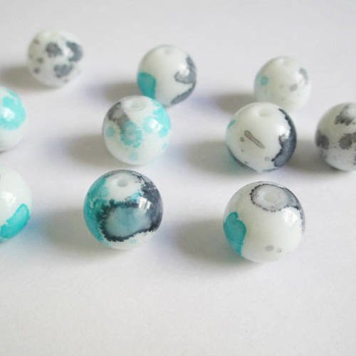 10 perles en verre blanc moucheté bleu et gris   12mm 