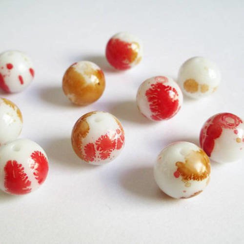 10 perles en verre blanc moucheté marron et rouge   12mm 