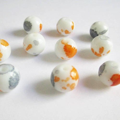 10 perles en verre blanc moucheté gris et orange  12mm 