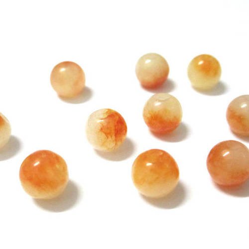 10 perles jade naturelle orange et blanc 8mm 