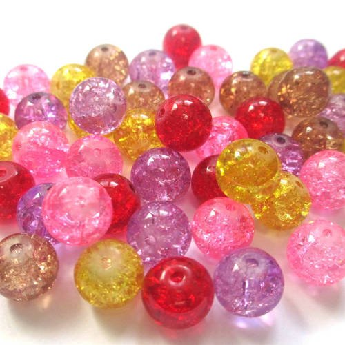 50 perles  rondes en verre craquelé mélange de couleurs 10mm 