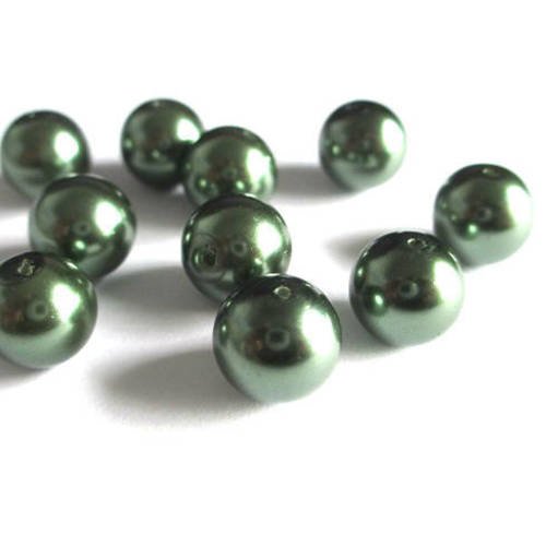 10 perles nacré  vert kaki  en verre 10mm (f-05) 
