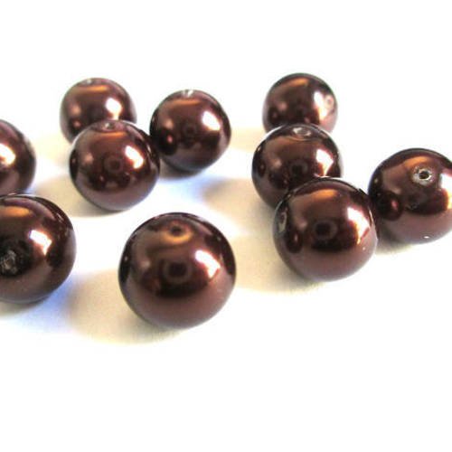 10 perles nacré  marron en verre 10mm (f) 