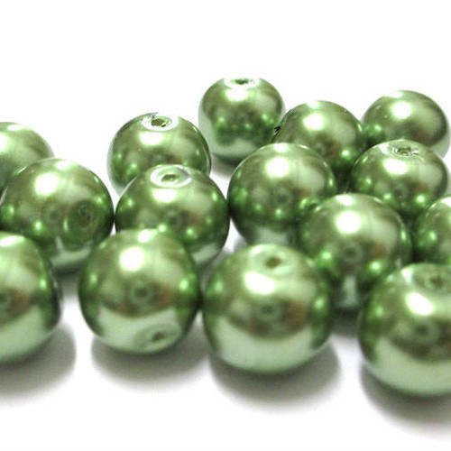 10 perles vert nacré en verre 10mm (f-12) 
