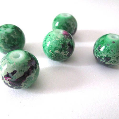 10 perles vert moucheté violet en verre 12mm 