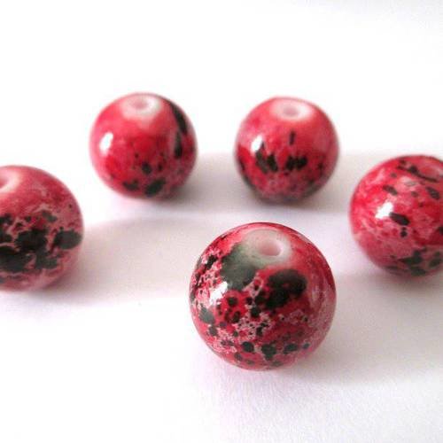 5 perles rouge moucheté noir en verre 12mm 