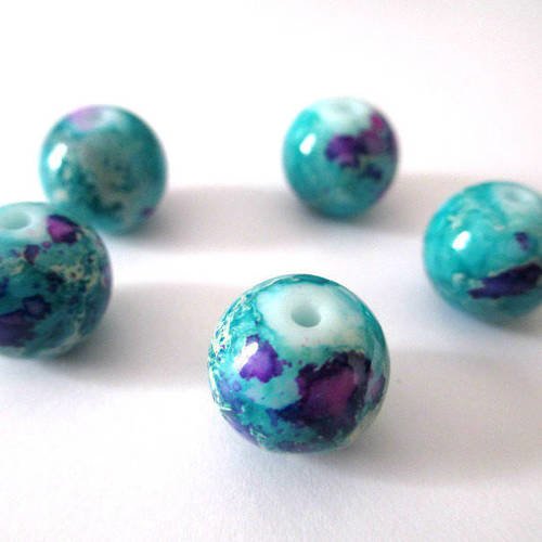 5 perles bleu moucheté violet en verre 12mm 