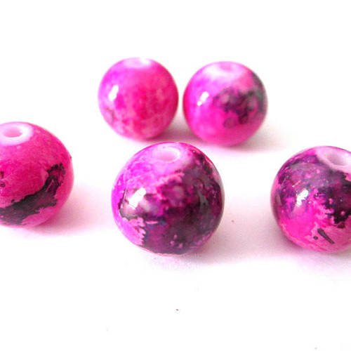 10 perles rose moucheté violet en verre 12mm 