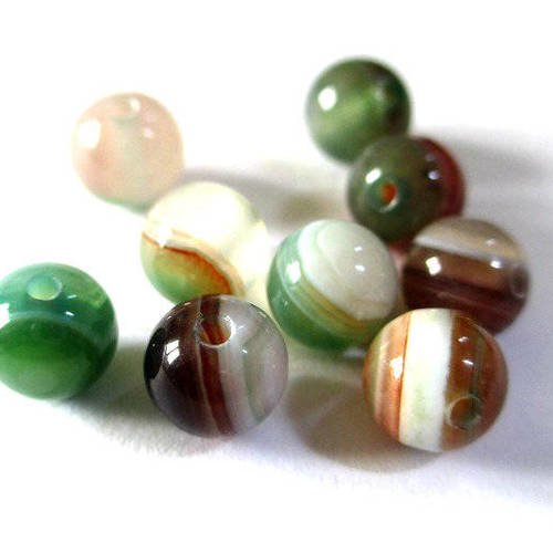 10 perles agate rayée couleur vert marron et blanc 6mm 