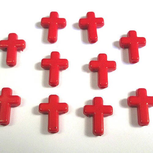 10 perles croix acrylique rouge 16x12x4 mm