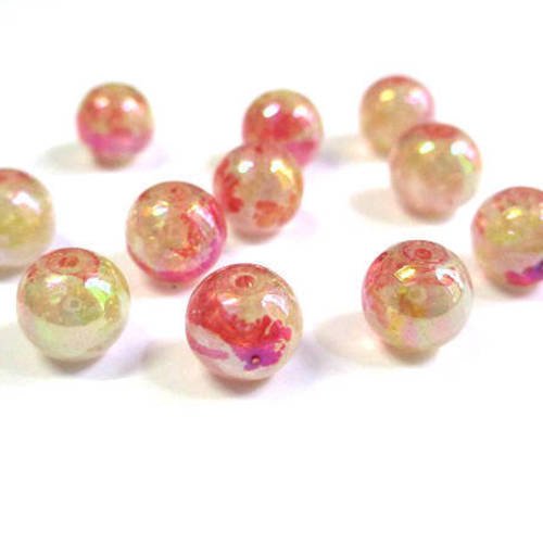 10 perles moucheté rouge et jaune brillantes en verre  8mm (c-35) 