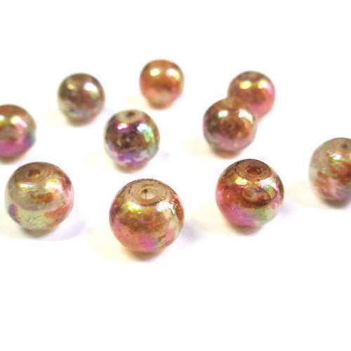 10 perles moucheté marron et rose brillantes en verre  8mm (c-39) 