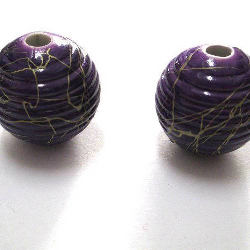 2 perles acrylique violet tréfilé doré 19mm 