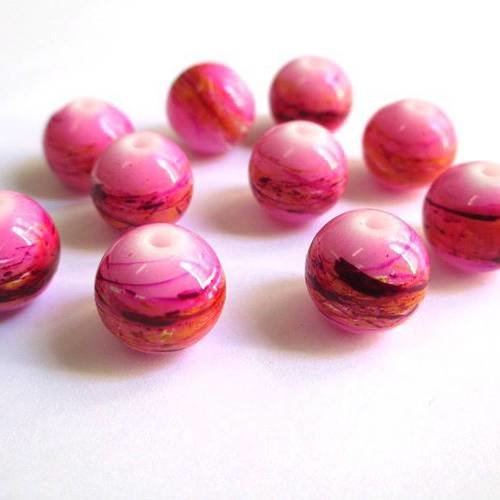 10 perles rose tréfilé multicolore en verre peint 12mm 