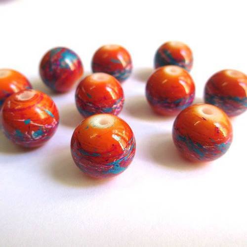 10 perles orange tréfilé multicolore en verre peint 12mm 