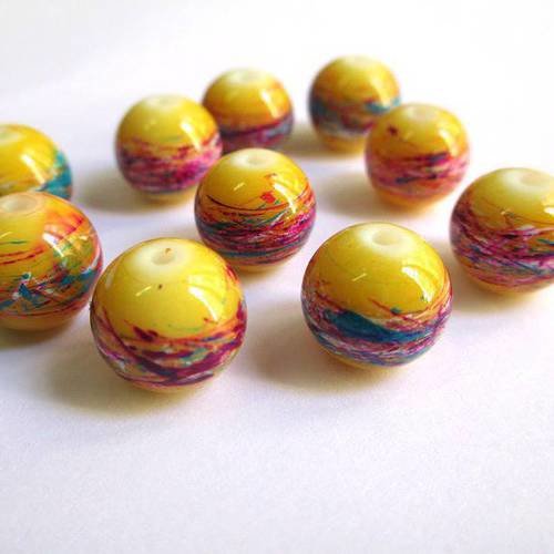 10 perles jaune tréfilé multicolore en verre peint 12mm 