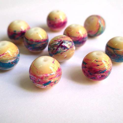10 perles beige tréfilé multicolore en verre peint 12mm 