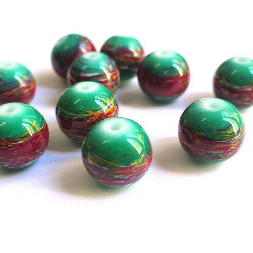 10 perles vert tréfilé multicolore en verre peint 12mm 