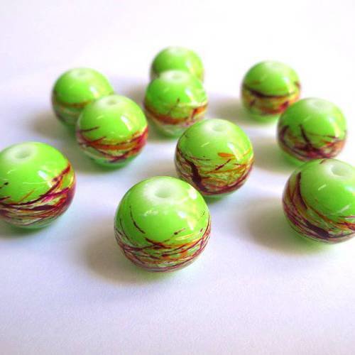 10 perles vert anis tréfilé multicolore en verre peint 12mm 