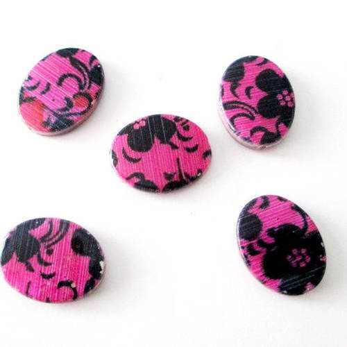 5 perles ovales en nacre  rose et noir  20x15mm 