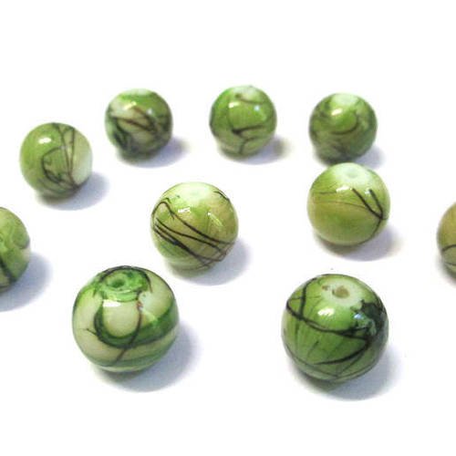 10 perles marron clair et vert tréfilé marron en verre peint 10mm 