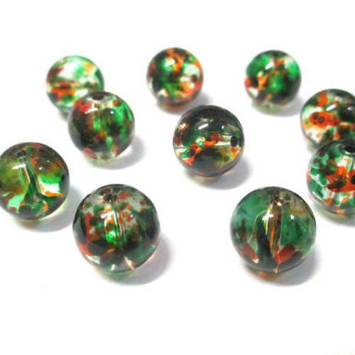 10 perles en verre transparentes tréfilé vert et orange 10mm 