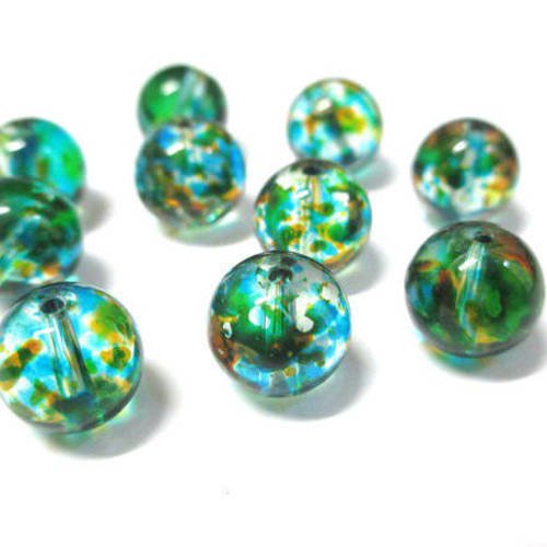 10 perles en verre transparentes tréfilé rouille et bleu 10mm 
