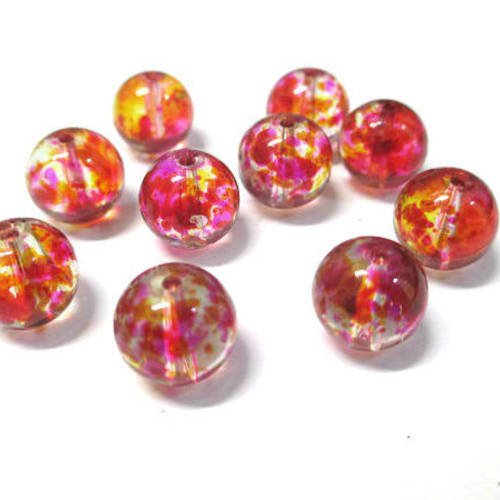 10 perles en verre transparentes tréfilé rose et jaune 10mm 