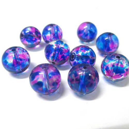 10 perles en verre transparentes tréfilé rose et bleu 10mm 