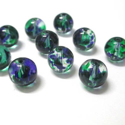 10 perles en verre transparentes tréfilé vert et bleu 10mm 