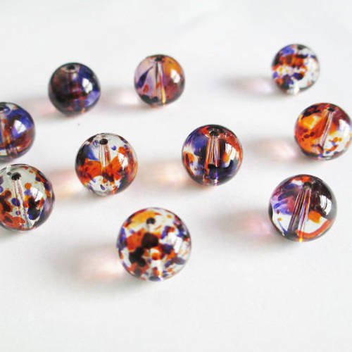 10 perles en verre transparentes tréfilé violet et orange 10mm 