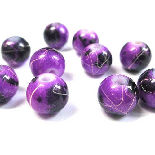 10 perles violet brillant mouchetée et tréfilé 10mm (s-24) 