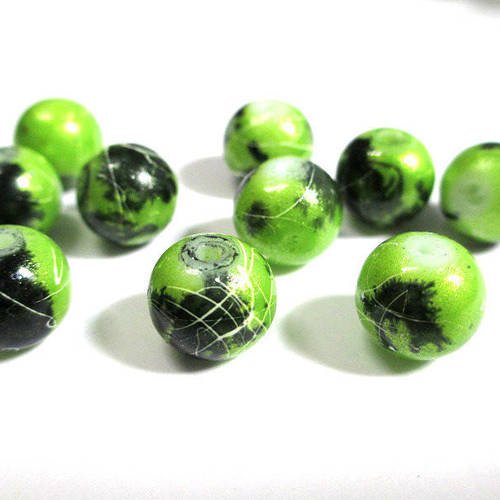 10 perles vert  brillant mouchetée et tréfilé 10mm (s-25) 
