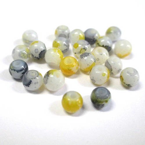 20 perles en verre blanc mouchetée jaune et gris 4mm 