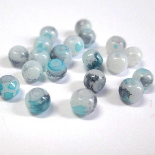 20 perles en verre blanc mouchetée bleu et gris 4mm 