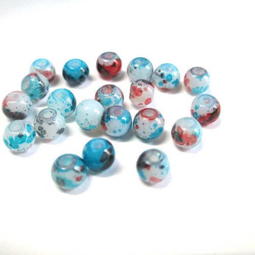 20 perles en verre blanc mouchetée rouge , bleu et gris 4mm 