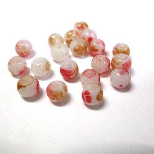 20 perles en verre blanc mouchetée rouge et marron 4mm 
