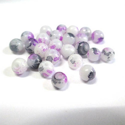 20 perles en verre blanc mouchetée mauve et gris 4mm 