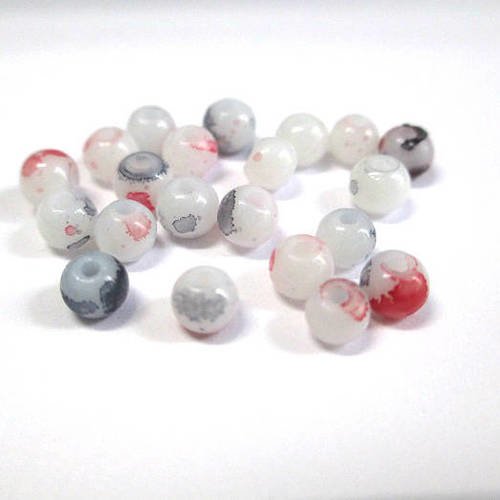 20 perles en verre blanc mouchetée rouge et gris 4mm 