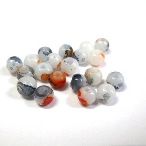 20 perles en verre blanc mouchetée orange et gris 4mm 