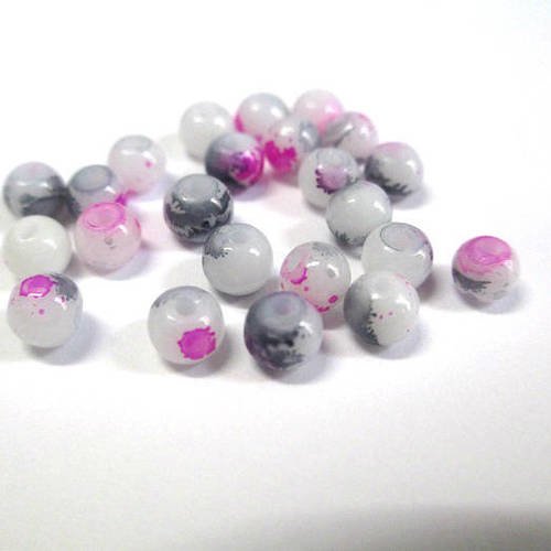 20 perles en verre blanc mouchetée fuchsia et gris 4mm 