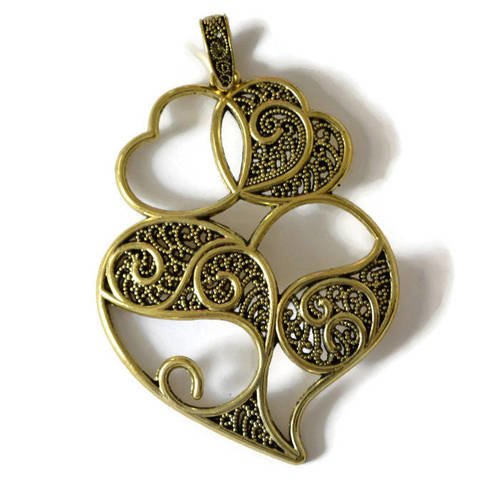 1 grande breloque pendentif motif coeur couleur bronze 90x60mm 