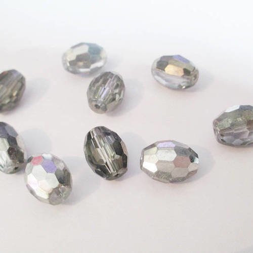 10 perles verre ovale à facette imitation cristal transparent et gris 13x10mm 