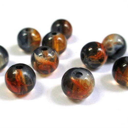 10 perles noir tréfilé orange translucide 10mm 